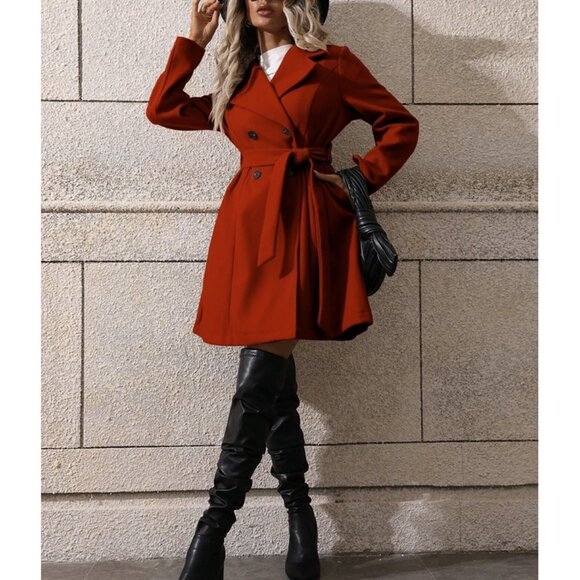 RED Preppy Womens Lapel Neck Double Breasted Belted Overcoat - Picture 5 of 5